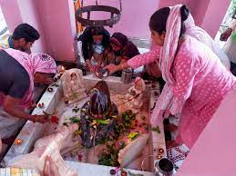  लोग पंचामृत से शिवलिंग का अभिषेक कर रहे हैं