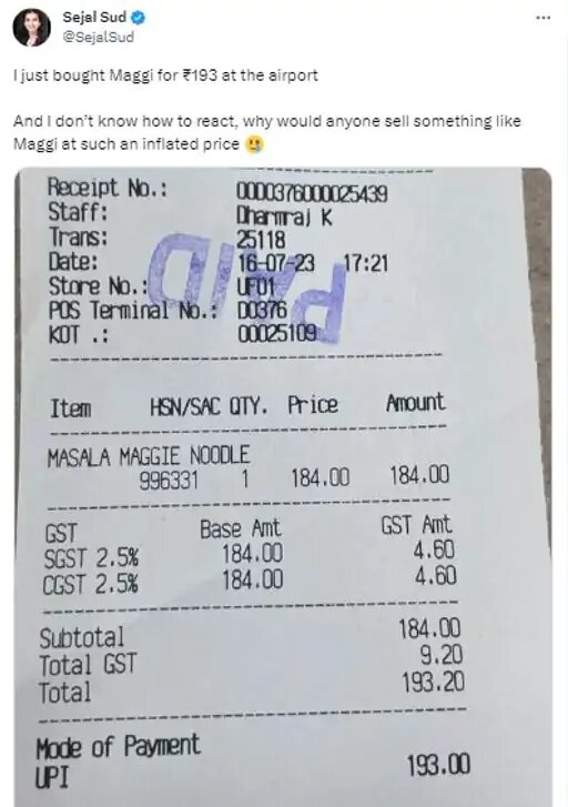 मैगी का कुल बिल 193 रुपए