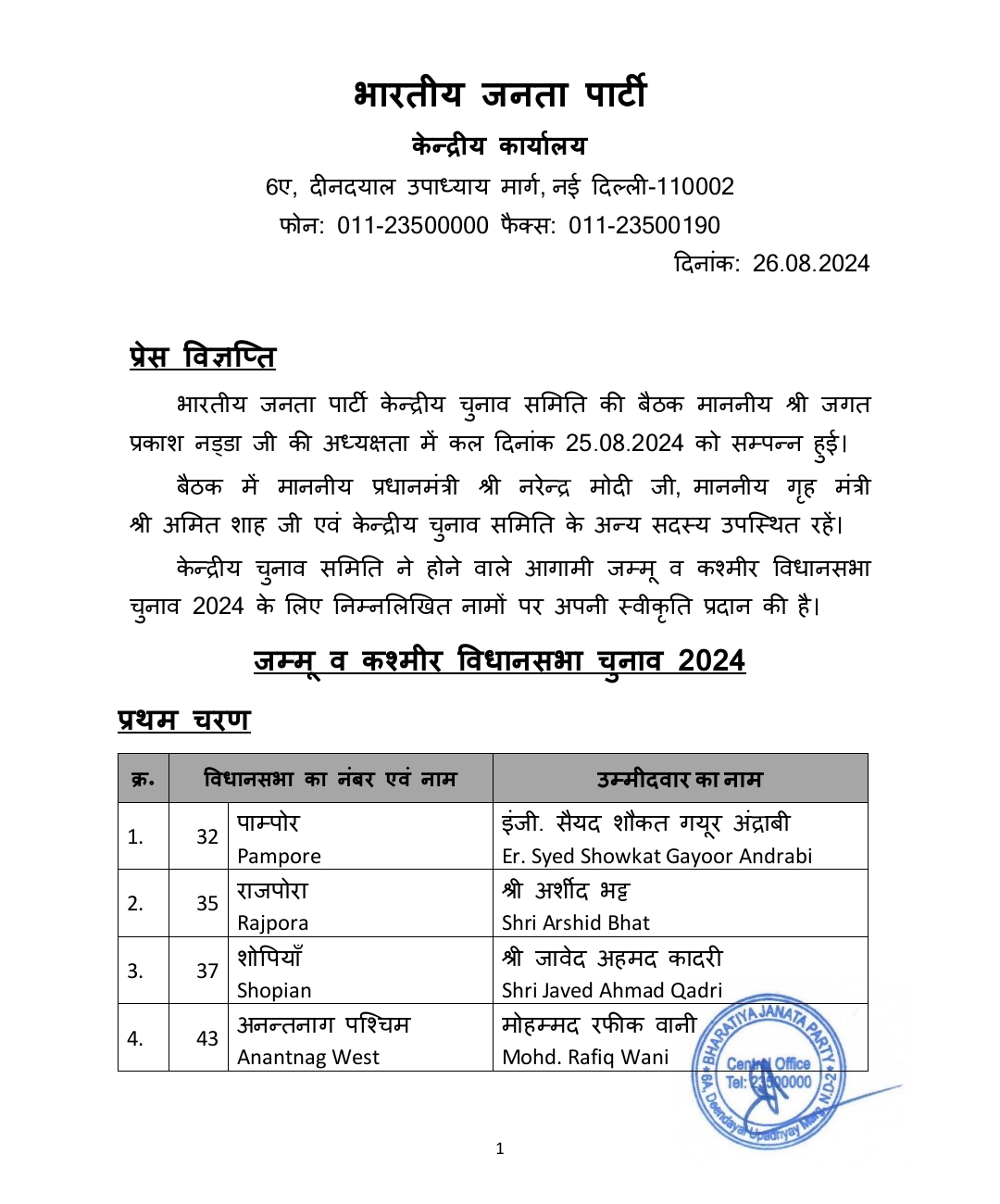 new delhi, BJP releases first list , assembly elections