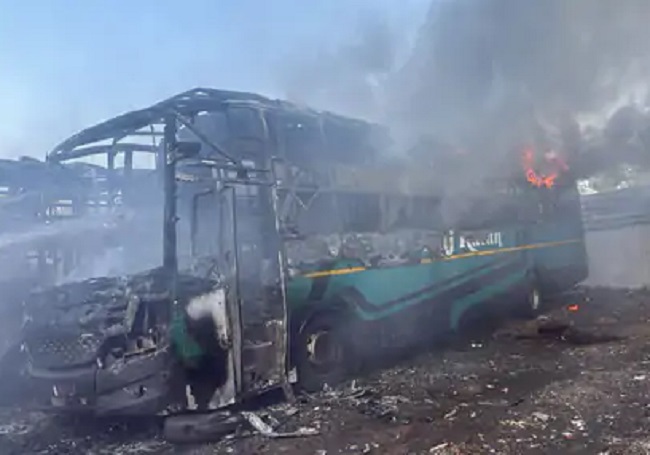 indore, Two buses parked , caught fire