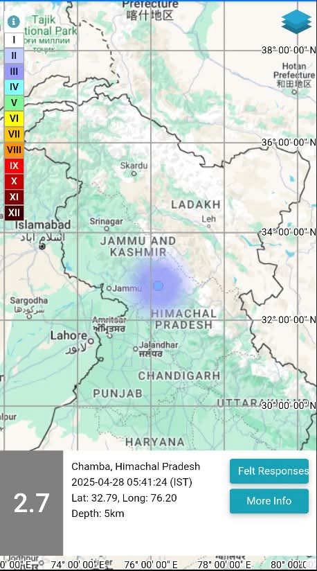shimla, Earthquake jolts Chamba , Himachal Pradesh