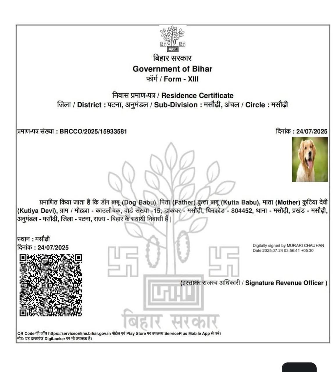 patna, Residence certificate, 